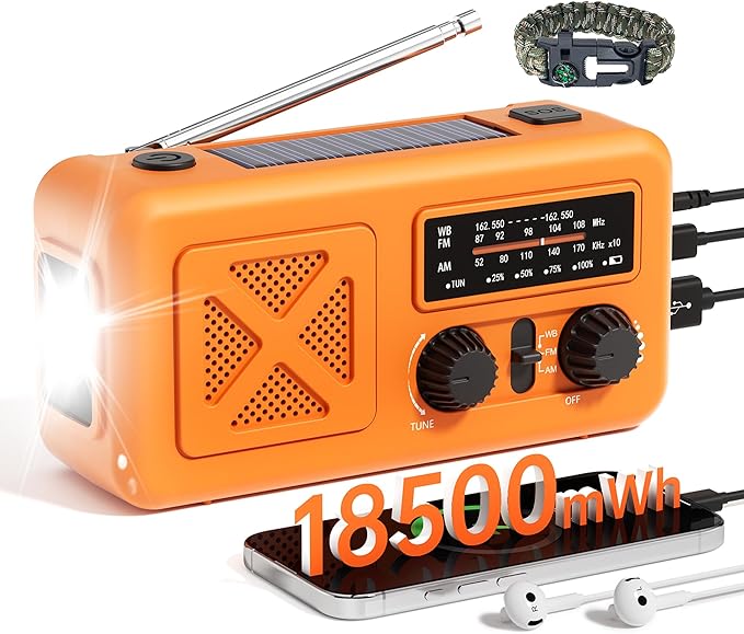 Emergency Radio Hand Crank Solar, 5000mAh/18500mWh Emergency Weather Radio, Solar Crank Radios with NOAA/AM/FM, Thermal Blanket, Paracord Bracele, for Outdoor & Home