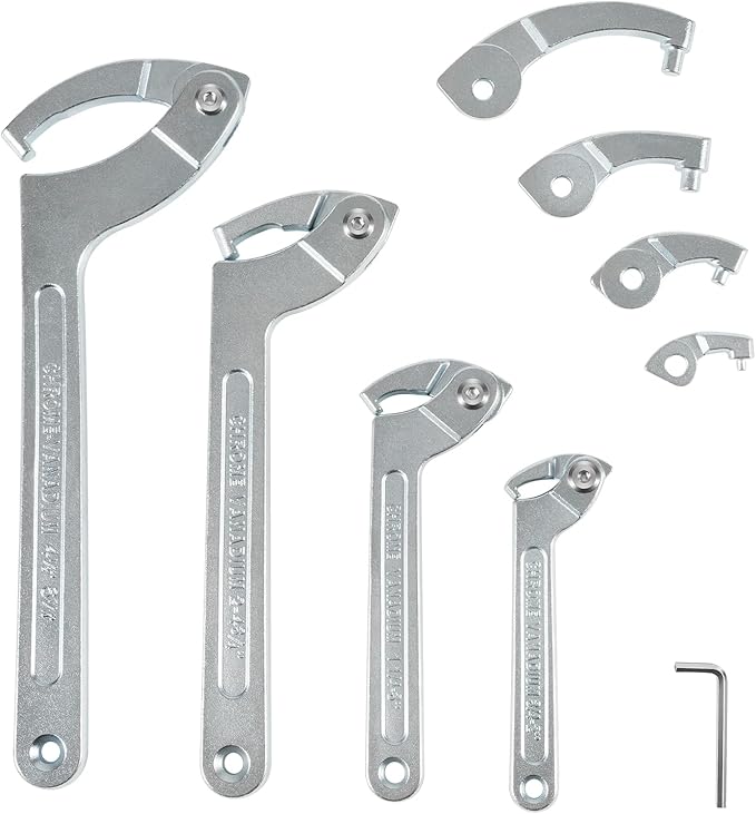 Sunluway Adjustable Pin Spanner Wrench Tool Set, 9 Pack C Spanner Nut Wrench Tools with Changeable Heads, Coilover Hook Wrenches for Suspension System Collar, Nut Adjustment, 3/4" to 6-7/10"