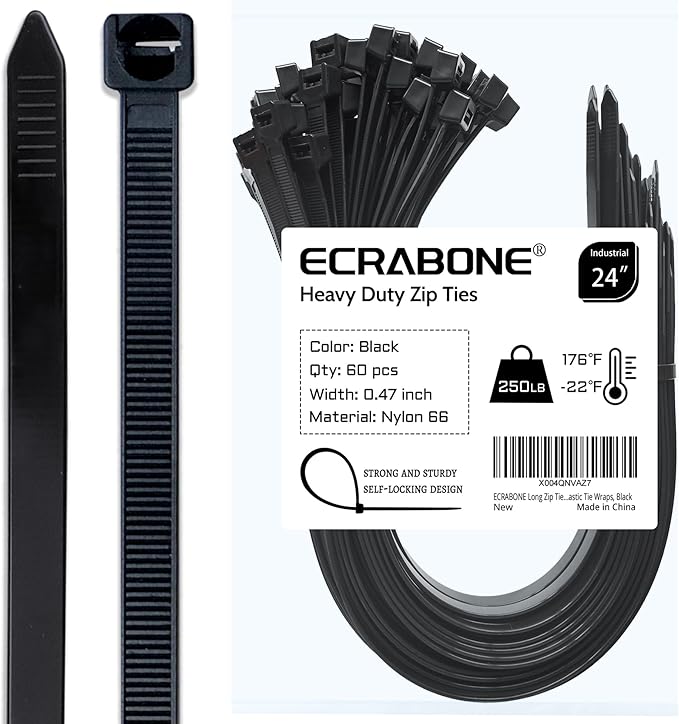 Long Zip Ties Heavy Duty 24 inch 60 Pcs, Large Cable Ties with 250 lbs Tensile Strength Ultra Stong Plastic Tie Wraps, Black