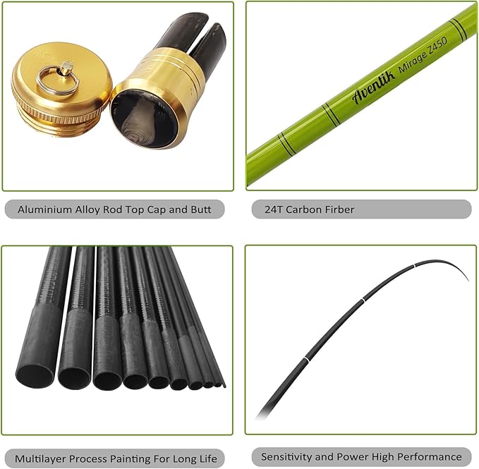 Aventik Mirage Telescopic Tenkara Rod 24T Pure Carbon 6:4 Action, Portable Collapsible Bass Crappie Floating Rod 6/8/10/12/15/18/21/24FT with Extra Sections,Ultralight Tenkara Rods