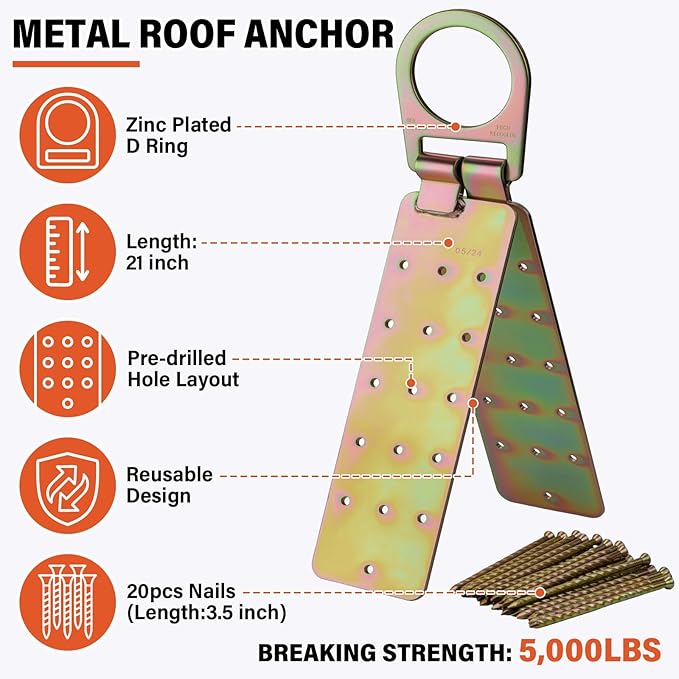 Safety Harness Fall Protection Kit - Roofing Harnesses 50ft Safety Rope Lanyard Kit 5 Gallon Bucket Kit Roof Top Anchor Construction Work 20pcs Nails Included