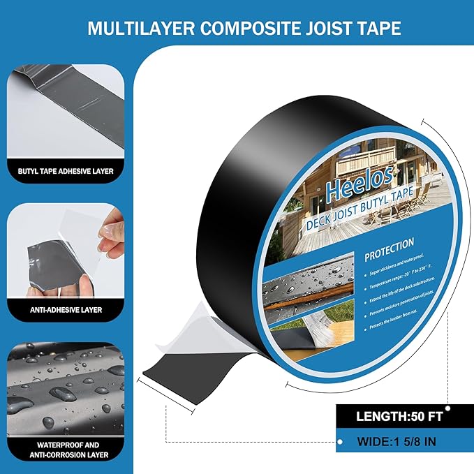 Deck Joist Tape 1-5/8'' x 50', Butyl Deck Tape Flashing Joists Tape for Decking Joist Tape for Flashing Deck Joists and Beams Building Joists(8 Rolls)