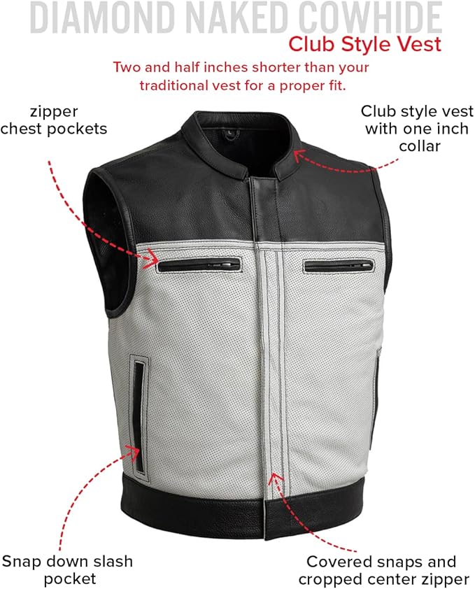 First Mfg Co Lowrider Mens Motorcycle Biker Riding Armor Club Style Black Leather, Twill, Moto Mesh, Perforated Vest