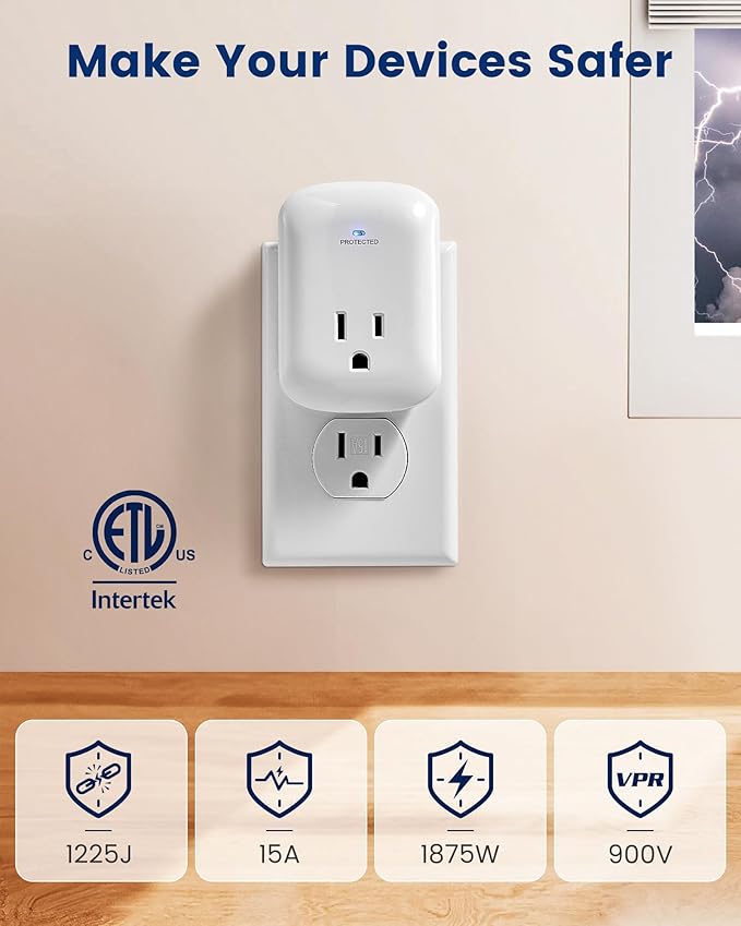 SURAIELEC Surge Protector, 1225J Wall Surge Protector Outlet with 900V VPR, 15A/1875W Ground Protected Light Indicator for TV, Fridge, Microwave, Garage, Computer, Workshop and Gaming Devices, 2 Pack