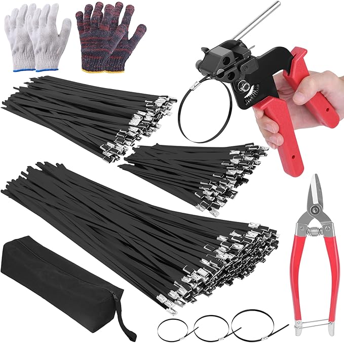 400PCS Metal Zip Ties Gun Kit, 6/8/12 Inch Heavy Duty Metal Zip Ties, Multi-Purpose Self-Locking Cable Tie Tool Set for Vehicles Farms Plants Fences Pipe Bundling, Scissors