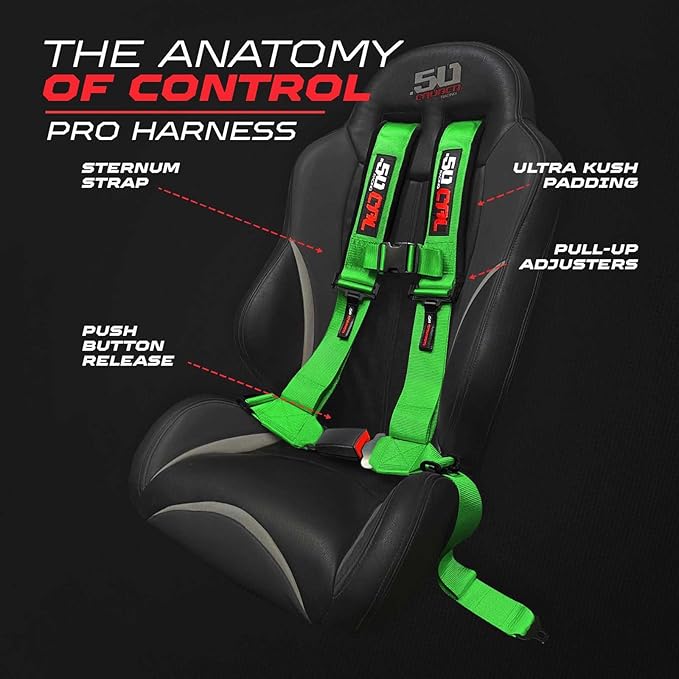 1pc 4 Point Harness for Bucket Seat, Push Release, 10 Color Options, Racing Harness, Race Car, Off Road, UTV, RZR (Green, 2 inch)