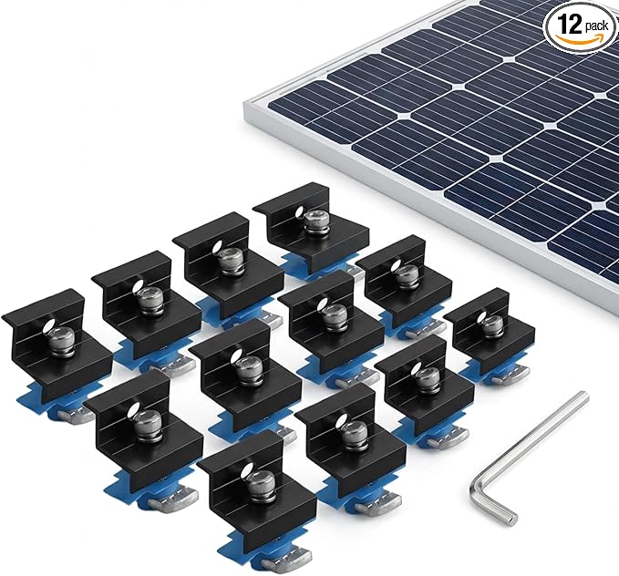 12-Pack Black Aluminum 30mm/35mm Solar Panel End Clamps for Standard Unistrut, Mounting Brackets with Hardware, for Metal, Tin, Flat & Sheet Roof Solar Installation