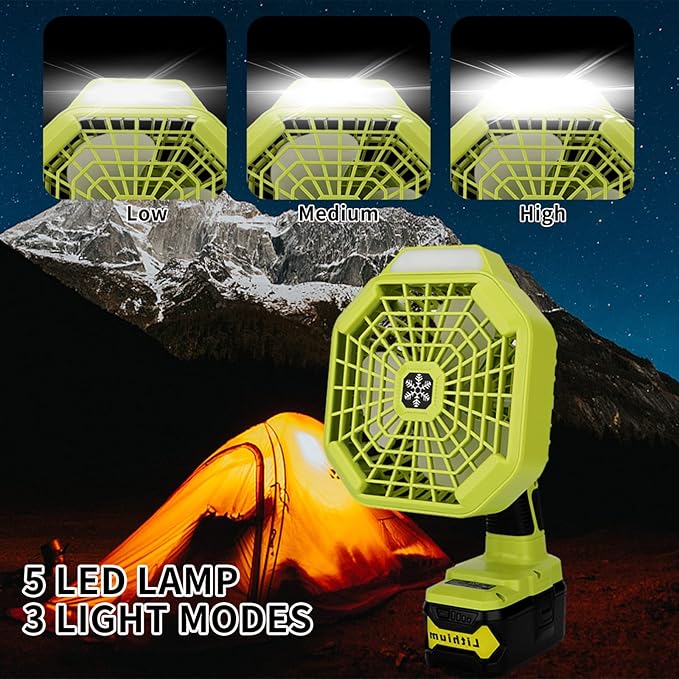 Taingwei Cordless Fan with Remote for Ryobi 18v Battery,Portable Fan with 3 Energy Efficient Speed Settings and Dimmable Led Light (TOOL ONLY)