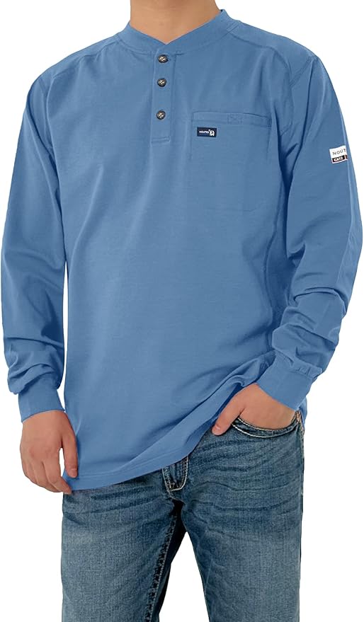 FR Shirts for Men 6oz Lightweight Stretch Work Shirt Flame Resistant Long Sleeve Henley Shirt CAT2