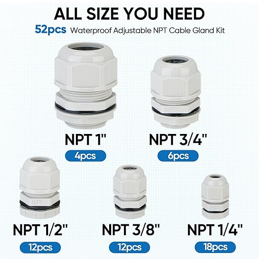 TICONN 52 Pcs IP68 Waterproof Cable Gland Kit Nylon NPT Adjustable Cable Connectors Assortment 1/4” 3/8” 1/2” 3/4” 1“ for Waterproof Junction Box Wire Pannel (Grey, 52 Pcs)