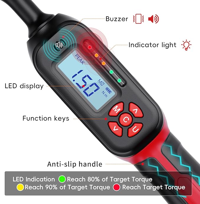 1/4" Digital Torque Wrench, 1-22 Ft.lb/1.5-30 N.m, ±2% Accuracy, LED Display, USB Data Storage, 4 Units, Two modes, Triple Alert, Precision Torque Tool, Red