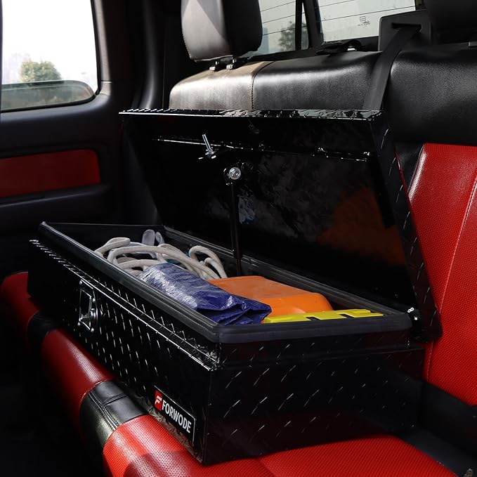 FORWODE 34 Inch Aluminum Truck Tool Box Lockable Truck Bed Tool Box Waterproof Truck Bed Storage Box with Gas Struts Truck Tool Chest for Pickup, Truck Bed, RV, Trailer & Garage (Black)