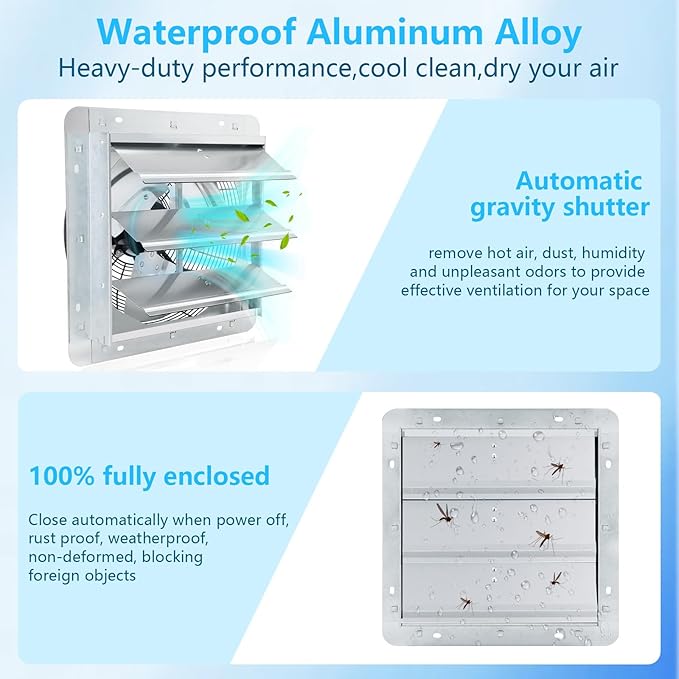 12 inch Shutter Exhaust Fan with Speed & Thermostat Control, 1400 SQ. Ft Coverage Area, 960 CFM, Upgrade Wall Mount Attic Vent Fan for Greenhouse, Garage, Chicken Coops Ventilation Fans