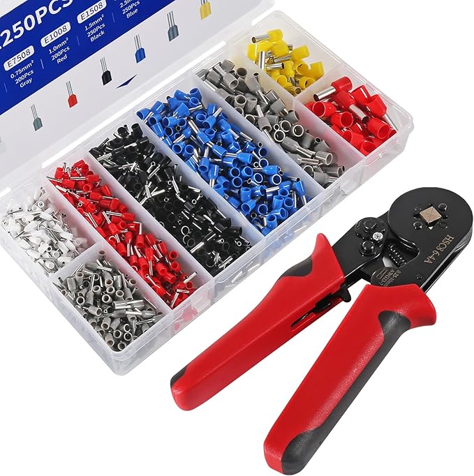 1251pcs Ferrule Crimping Tool Kit, AWG23-7 Self-adjustable Ratchet Wire Crimping Tool Kit Crimper Plier Set with 1250PCS Wire Terminals Crimping Connectors Wire End Ferrules Terminals