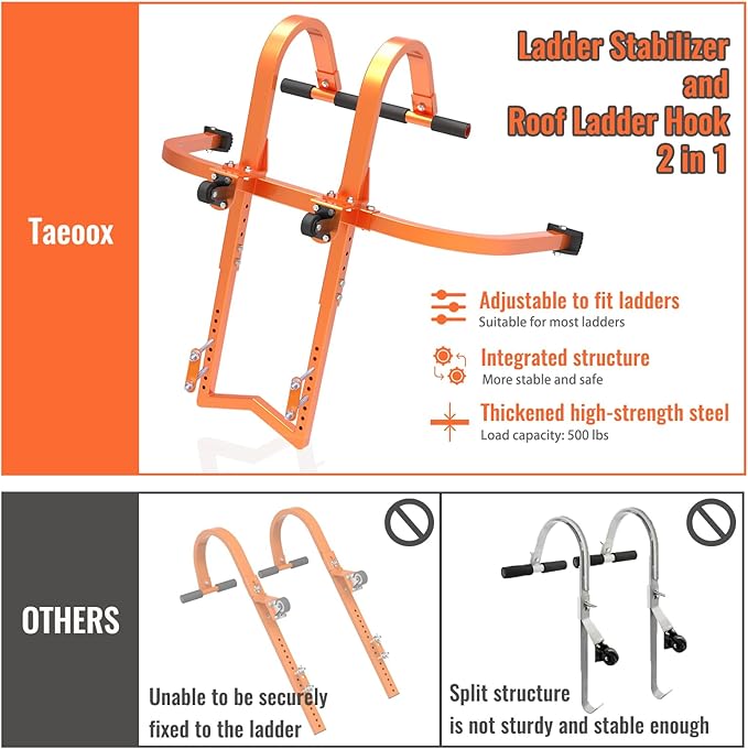 2 in 1 Ladder Stabilizer & Ladder Hook for Roof Ridge, Heavy Duty Ladder Roof Hooks with Rubber Grip T-Bar, Secure and Stable Ladder Standoff Arms for Roof Gutter with Anti-Slip Rubber Feet