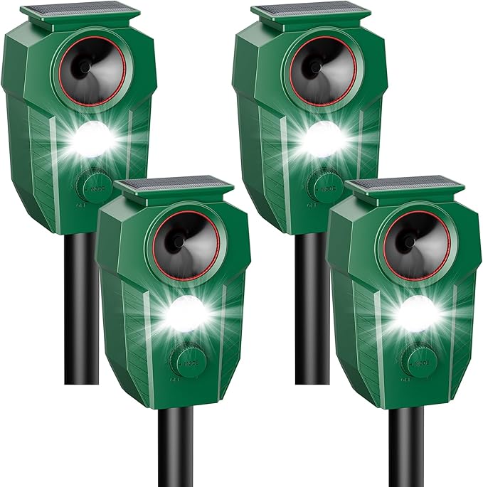 2026 Upgraded Solar Powered Animal Repeller 4 Packs, Ultrasonic Solar Powered Deer Repellent for Outdoor Yard Lawn Repel Coyote Raccoon Cat Deterrent with Motion Sensor & Flashing Light