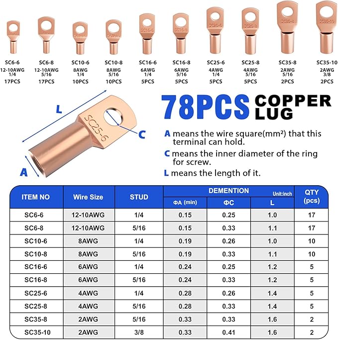 Sanuke Battery Cable Lug Crimping Tool for AWG10-1/0, Wire Crimper with 78pcs Copper Lug Ring Terminal Connectors, 110pcs Heat Shrink Tubing, Electrical Wire Crimping Tool Set