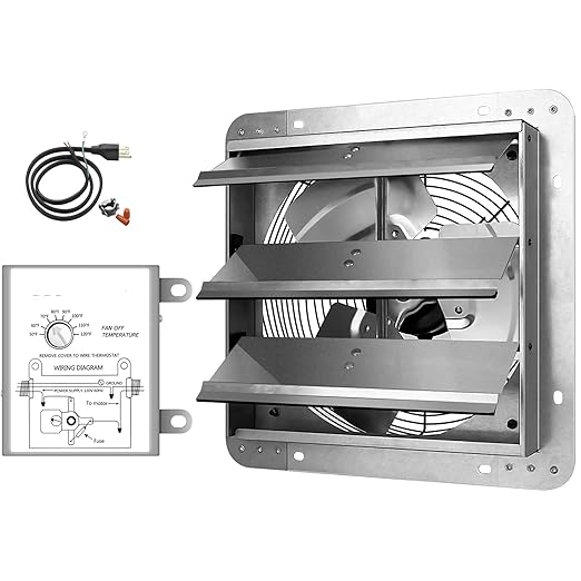 Simple Deluxe 12 Inch Wall Mounted Shutter Exhaust Fan with Temperature Controller and Power Cord Kit, Aluminum, 1600 RPM, 940 CFM, for Attic, Garage, Louvered Vent, Plant, Greenhouse, Silver