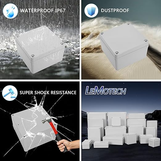 LeMotech Junction Box IP67 Waterproof Dustproof ABS Plastic Project Box for Electrical Outdoor Enclosure Gray 4.9 x 4.9 x 3 inch (125 x 125 x 75 mm),2 Pack