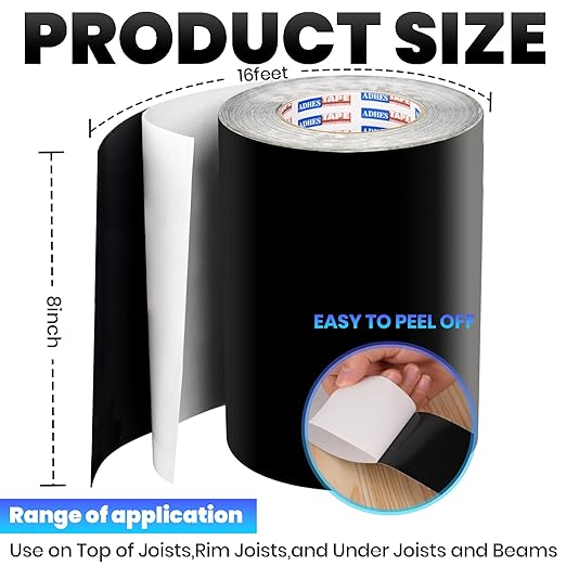 ADHES Deck Joist Tape, 8" x 16', 4 Rolls Weather Resistance & Waterproof Butyl Joist Tape for Decking, Deck Flashing Tape, Ideal for Wood Decks Beams Roof, Outdoor Construction Use