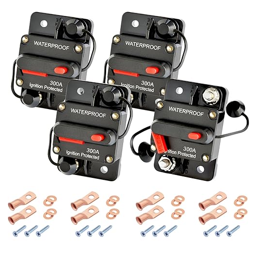 300Amp Circuit Breaker DC 12V-48V for Marine Boat Trolling Motor Automotive RV Trailer Car Solar System Battery Disconnect with Manual Reset Switch, IP67 Waterproof (Pack of 4)
