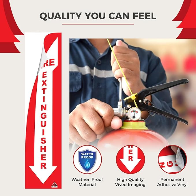 Fire Extinguisher Sign Stickers [25 Pack]- 4"X 2" Permanent Adhesive Label for Indoor Use. High Visibility Fire Extinguisher Sign for Use with Fire Extinguisher Hanger Or Fire Extinguisher Cabinet