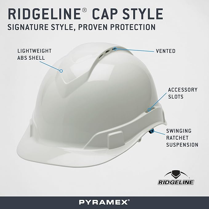 Pyramex Ridgeline Cap Style Hard Hat, Vented, 4-Point Ratchet Suspension, White