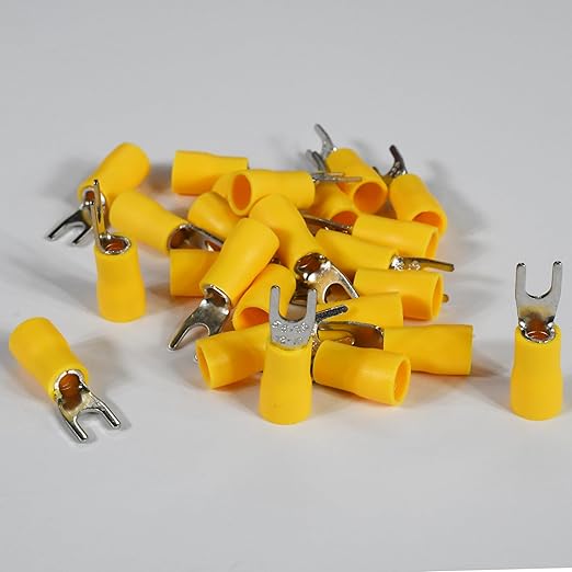 PAPUGA 25PCS 12-10 AWG (4-6 mm2) #6 / M3.5 Insulated Fork Spade Crimp Connector, 600V 48A, CE RoHS Automotive Electrical Crimp Terminal, Control Panels