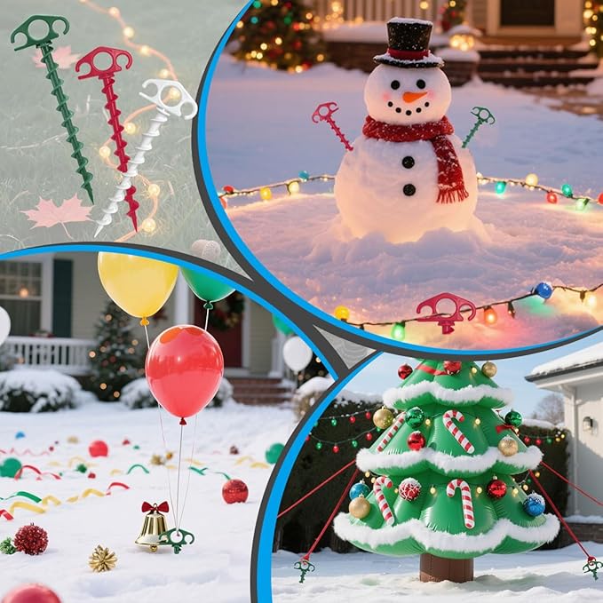 Plastic Inflatable Stakes, Tent Stake 6 Pack Sand Stakes for Beach 9.4 Inch Heavy Duty Spiral Yard Stakes for Camping, Party and Outdoor Halloween Christmas Decorations (6, Red+Green+White)
