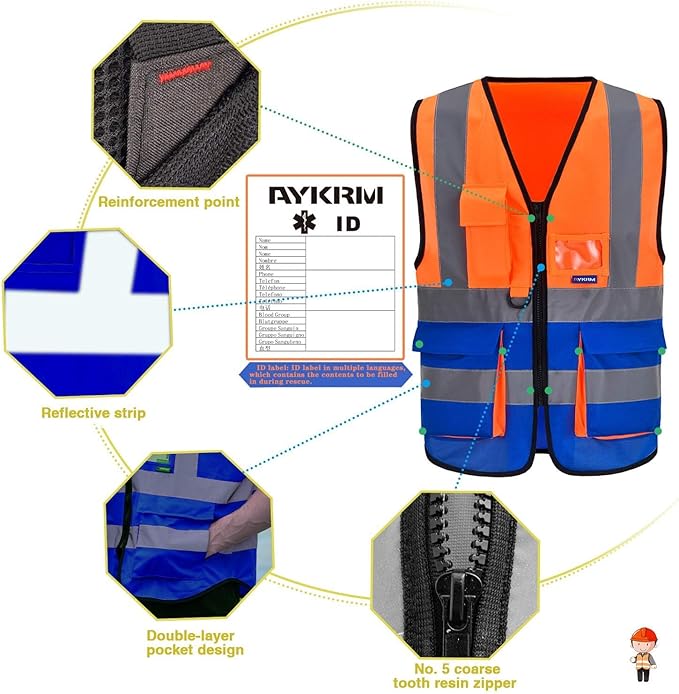 A-SAFETY Industrial Safety Vest, Hi Vis 9 Pockets High Visibility Zipper Front Reflective Safety Vest, Orange&Blue Color Mixed, XL