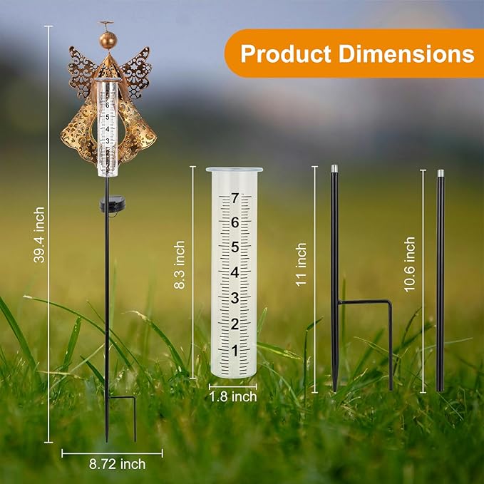 Solar Rain Gauge Outdoor,Decorative Angel Rain Gauges Outdoors Best Rated,Large Plastic Tube Freeze Proof Water Gauge for Yard Patio Lawn Garden Decor Gift for Women Measuring Precipitation