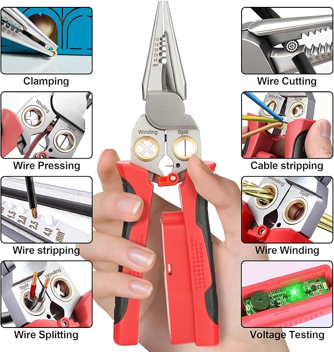 Pro 8-in-1 Wire Stripping Pliers with Voltage Tester for Live/Neutral Wires 12–250V, Needle Nose Pliers, Wire Cutter, Crimper and Wire Twister, Heavy Duty Electrical Tool for Electricians(Red)
