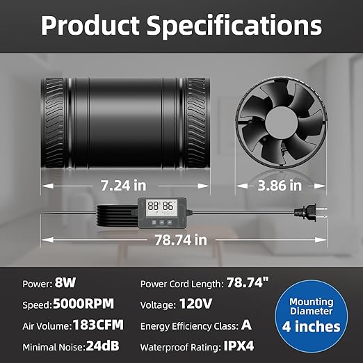 Upgraded 4-Inch Inline Duct household Fan 6 Speed Control with Temperature and Humidity Sensor and Timer Remote Low Noise for Grow Tent System, Bathrooms, Attics, replacement household furnace fans