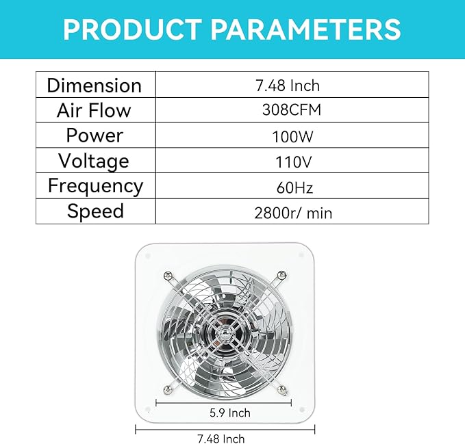 MissHoney 6 Inch Exhaust Fan 308CFM Bathroom Window Exhaust Fan Attic Vent Fan For Kitchen Extractor De Aire Para Cocina For Ceiling Basement Attic, Greenhouse, Basement