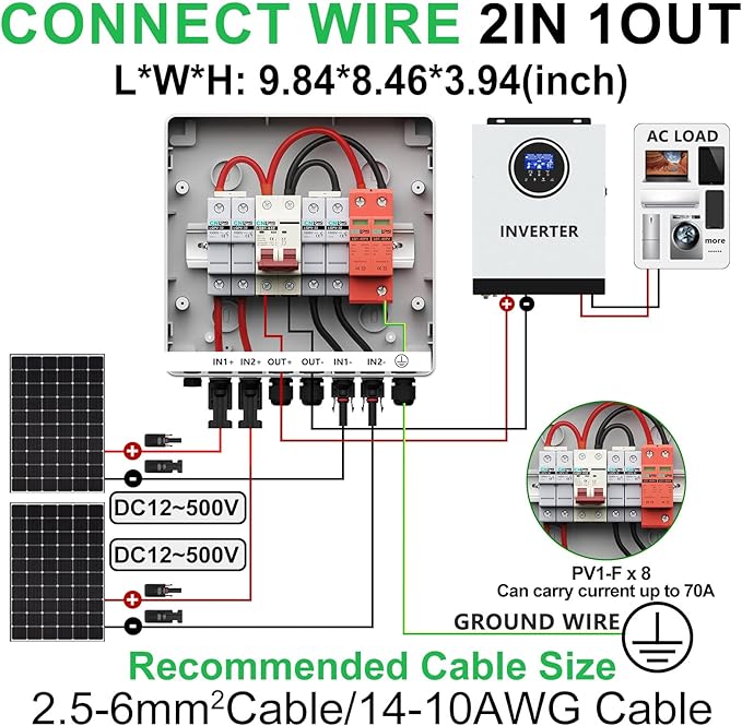 2 String Solar PV Combiner Box IP65 2 in 1 Out DC500V 63A Circuit Breaker with Surge Protector and 30A PV Fuse,Solar Disconnect Switch Outdoor Waterproof for Solar Panels System
