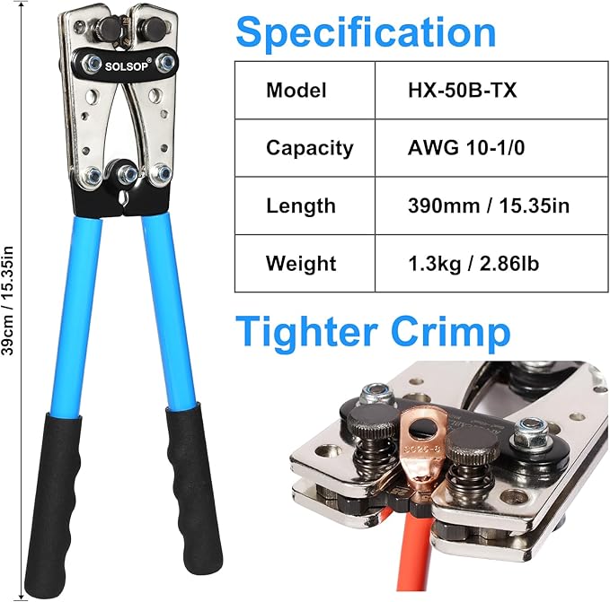 Solsop Battery Cable Crimper Tool for AWG 10, 8, 6, 4, 2, 1/0 Gauge Electrical Lug, Battery Lug Crimping Tool with 60PCS Copper Wire Lugs and Heat Shrink Tubing, Cable Cutter