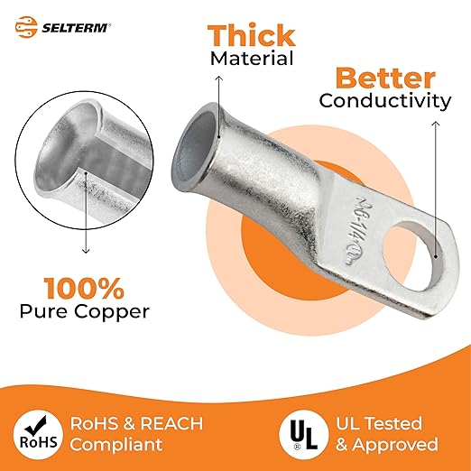 SELTERM 10pcs 6 AWG-1/4" Stud Tinned Copper Wire Lugs, Heavy Duty Battery Cable Ends,6 Gauge Ring Terminals, UL Battery Lugs Marine Grade Copper Eyelets Electrical Battery Terminal Connectors