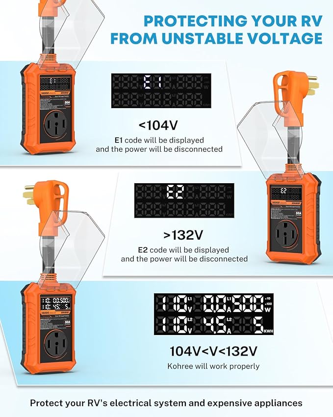 Kohree RV Surge Protector 50 Amp, RV Power Surge Voltage Protection, RV Adapter Plug with Real-Time Circuit Analyzer Smart Auto Shut Off LED Large Screen for Travel Trailers Camper, 50A 16000J-Orange