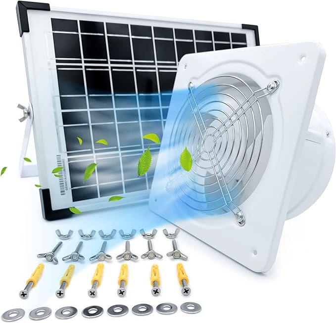 Solar Panel Exhaust Fan, Ventilation Extractor with Anti-backflow Check Valve Chain Switch,10W 16Ft Cable for Greenhouses, Pet Houses, Small Chicken Coops, Sheds, Window Exhaust
