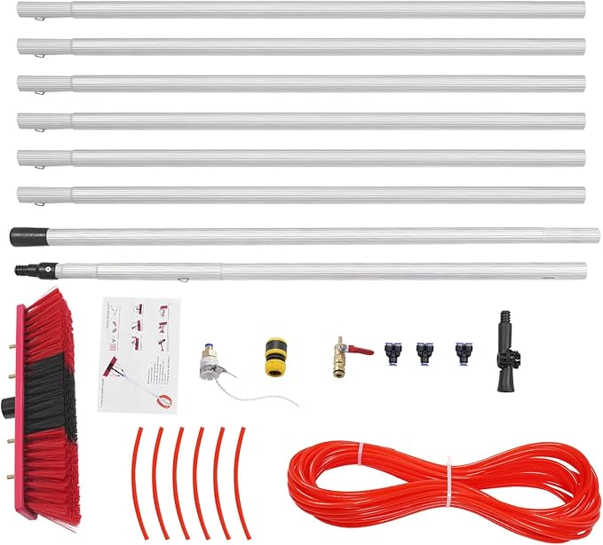 26FT Telescopic Water Fed Brush Kit, Water Fed Pole Kit Outdoor Tall Window Cleaner System Extendable Pole Cleaning Kit Cleaning Brush Tool for Window Solar Panel Caravans Trucks