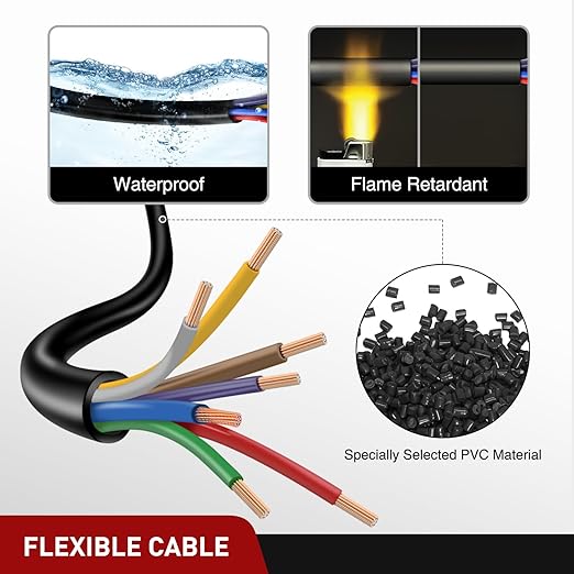 Nilight 50 Feet 7 Way Trailer Extension Cable Traditional SAE 14 Gauge 7 Conductor 100% Pure Copper Wire Insulated Heavy Duty Cord Weatherproof for 7 Pin Blade RV Automotive