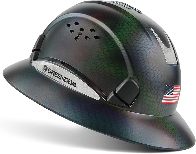 GREEN DEVIL Full Brim Hard Hat Vented Construction Safety Helmet OSHA Approved Cascos De Construccion ABS Work Hardhat for Men&Women 6 Point Adjustable Ratchet Suspension Custom Pattern Design