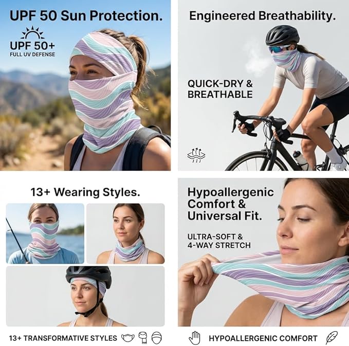 UPF 50 Sun Protection Neck Gaiter - 13-in-1 Multifunctional Face Cover for Hiking, Fishing, Cycling