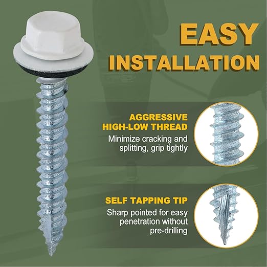 LIONMAX Metal Roofing Screws #10 × 2 Inch, 300-PCS, White Painted Hex Head Sheet Metal Roof Screws, Rubber Washer, Sharp Point, Metal to Wood Siding Screws, Hex Socket Included