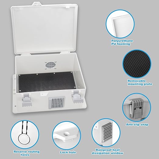 Electrical Junction Box, Outdoor Water Resistant Nema Enclosure, Ventilated ABS Plastic WiFi Project Box with Internal Mounting Panel & Hinged Cover 9.2" Lx 7" Wx 4.6" H