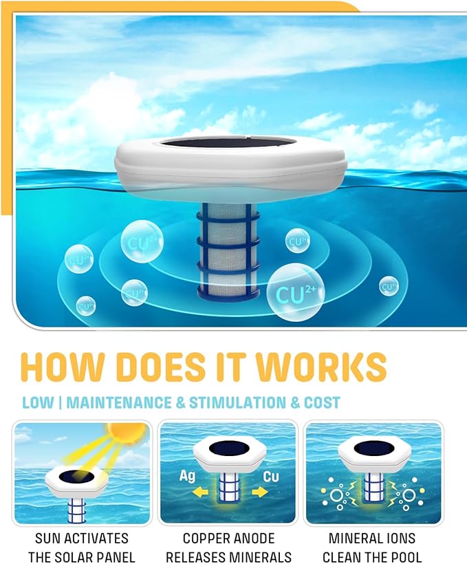 Solar Pool Cleaner, Floating Water Cleaner and Purifier, Copper for Pool 35,000 Gallons, Large Solar Panel & 2 Sets of Fittings, Floating Water Cleaner for Above Ground Pool & Inground Pool