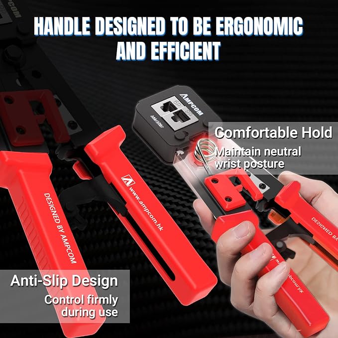 AMPCOM RJ45 Pass Thru Crimping Tool Network Crimper for Pass Through and Regular Type RJ45 RJ12 RJ11 Connector -CAT6/5e（8P8C/6P6C/6P4C)