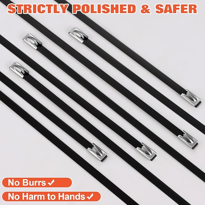 Black Metal Zip Ties Heavy Duty 11.8 inch for Outdoor Use, Stainless Steel Epoxy Coated Cable Chain Link Fence Zip Ties, Durable Metal Wire Ties Strap UV Resistant