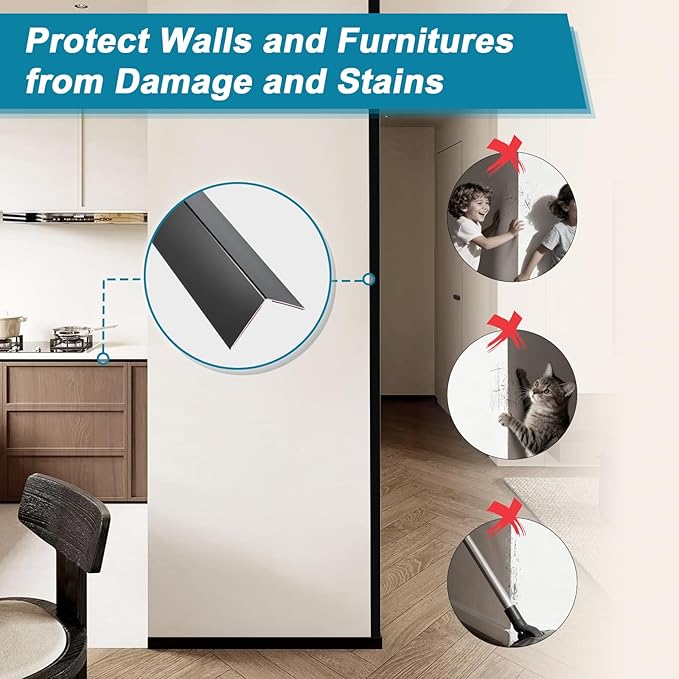 Raytano 8Pcs 45"L ×2"W Self Adhesive Black Metal Corner Protectors, Modern Aluminum Wall Corner Guards for Wall Door Furniture Cabinet Baseboard Frame Protection and Decoration (Size:45" x 2",Black)