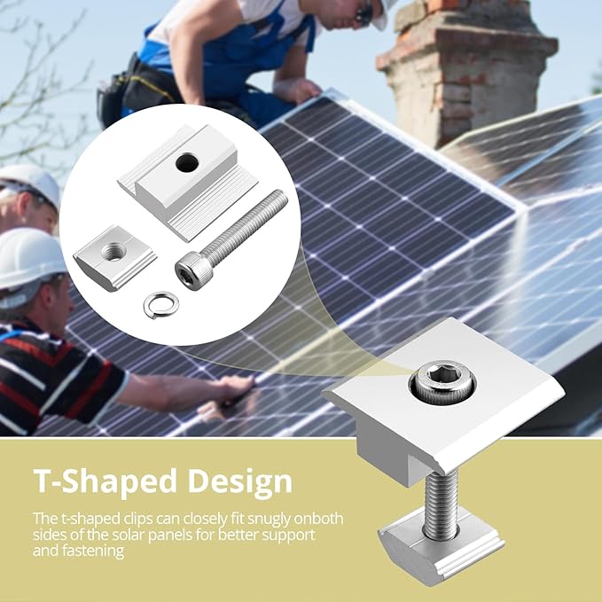 Anbte 10pcs Solar Panels Centre Clamps, Aluminium T-Shaped Mid Clamps 35mm Solar Panel Mounting Brackets Solar Mounting Rail Connector for Tin Roof, Flat Roof, Sheet Roof, Slvier